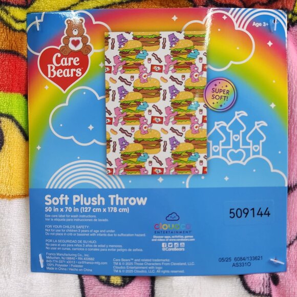 Care Bears Soft Plush Throw Blanket 50" X 70" Polyester Super Soft Hamburgers - Picture 3 of 15